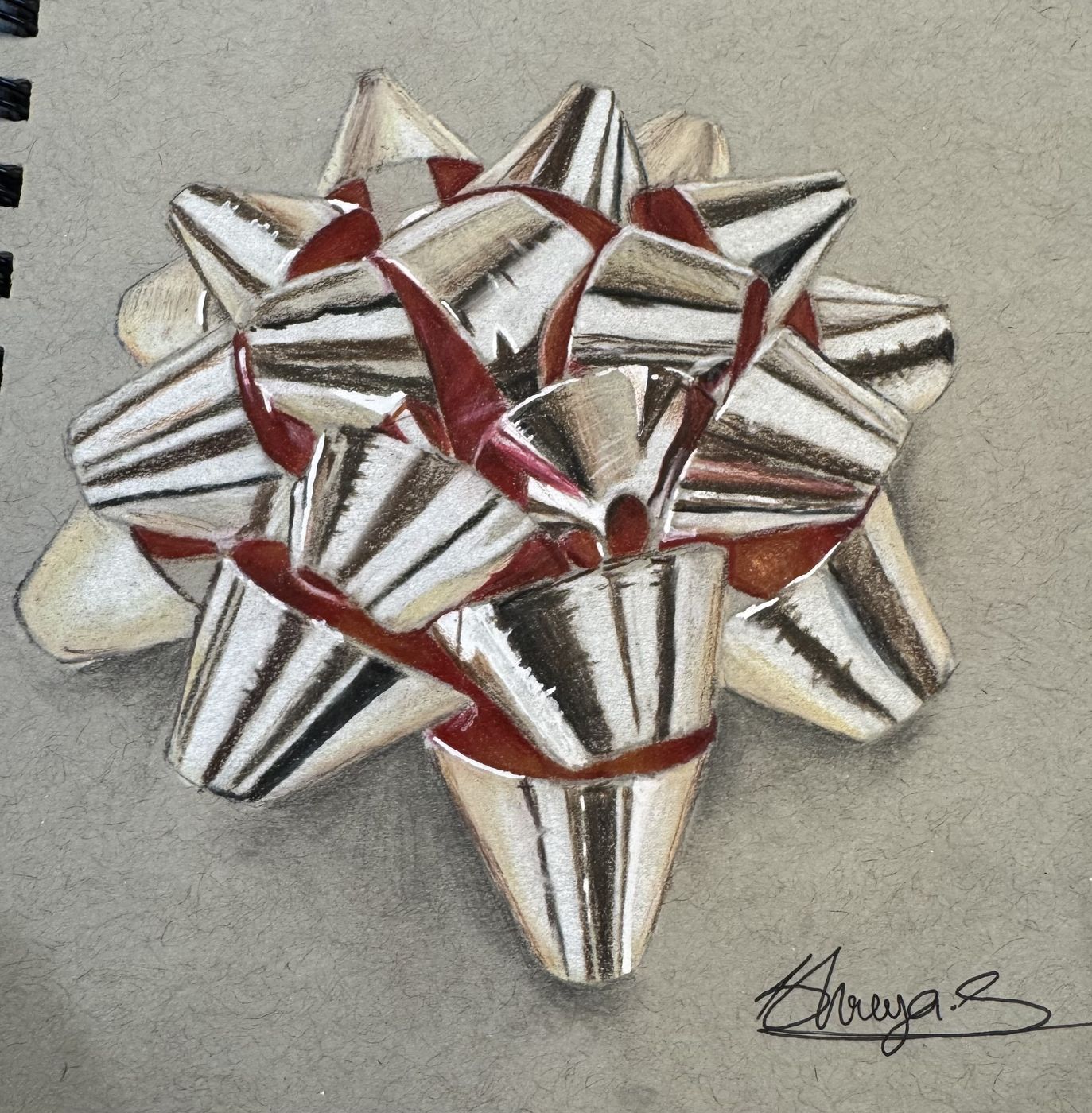 Coloured-pencil study of a silver and red gift bow.