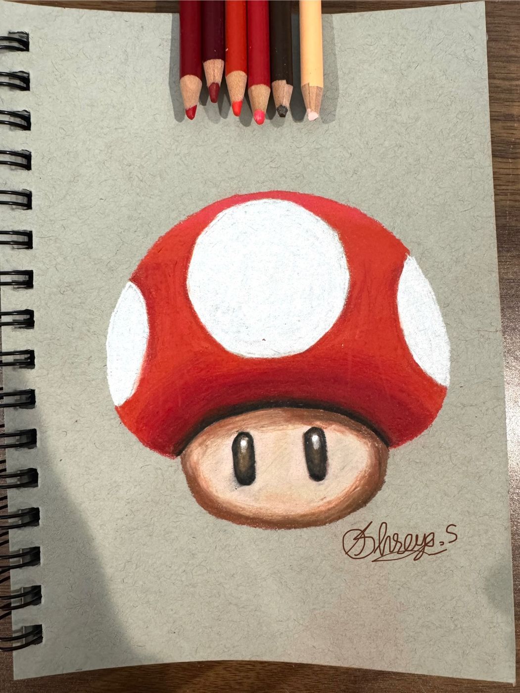 Coloured-pencil drawing of a red and white mushroom in a sketchbook.