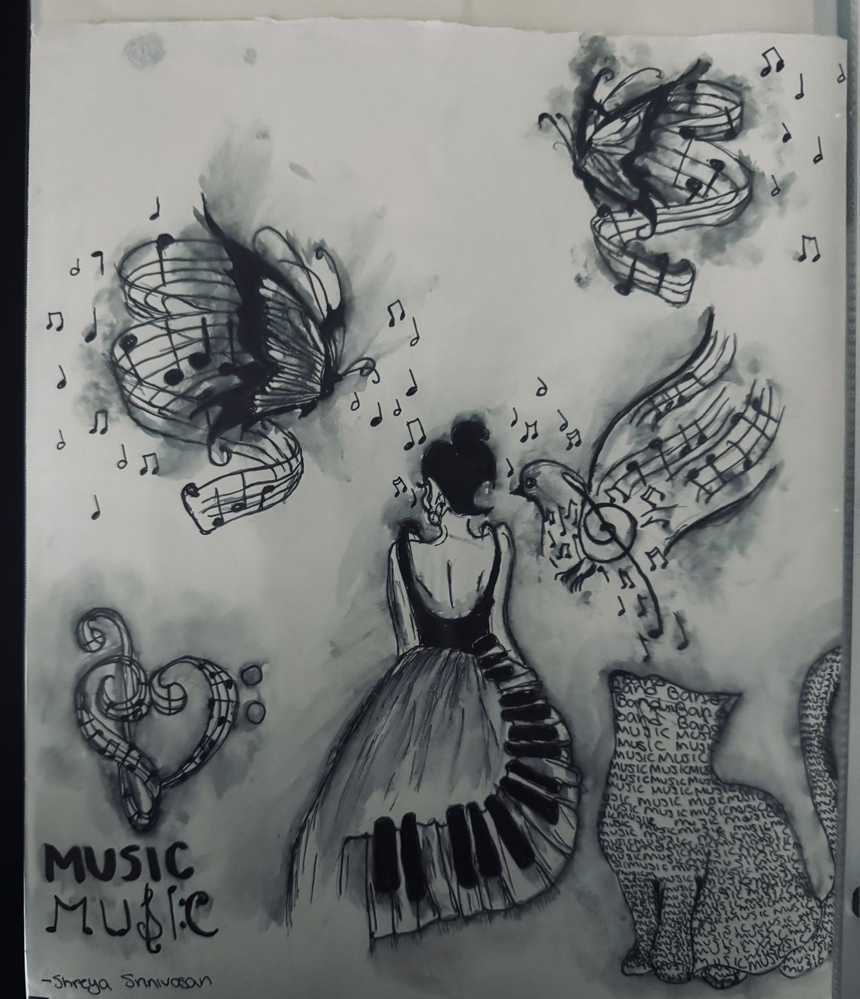 Charcoal sketchbook page of a dancer, musical notes and a cat, lettered MUSIC.