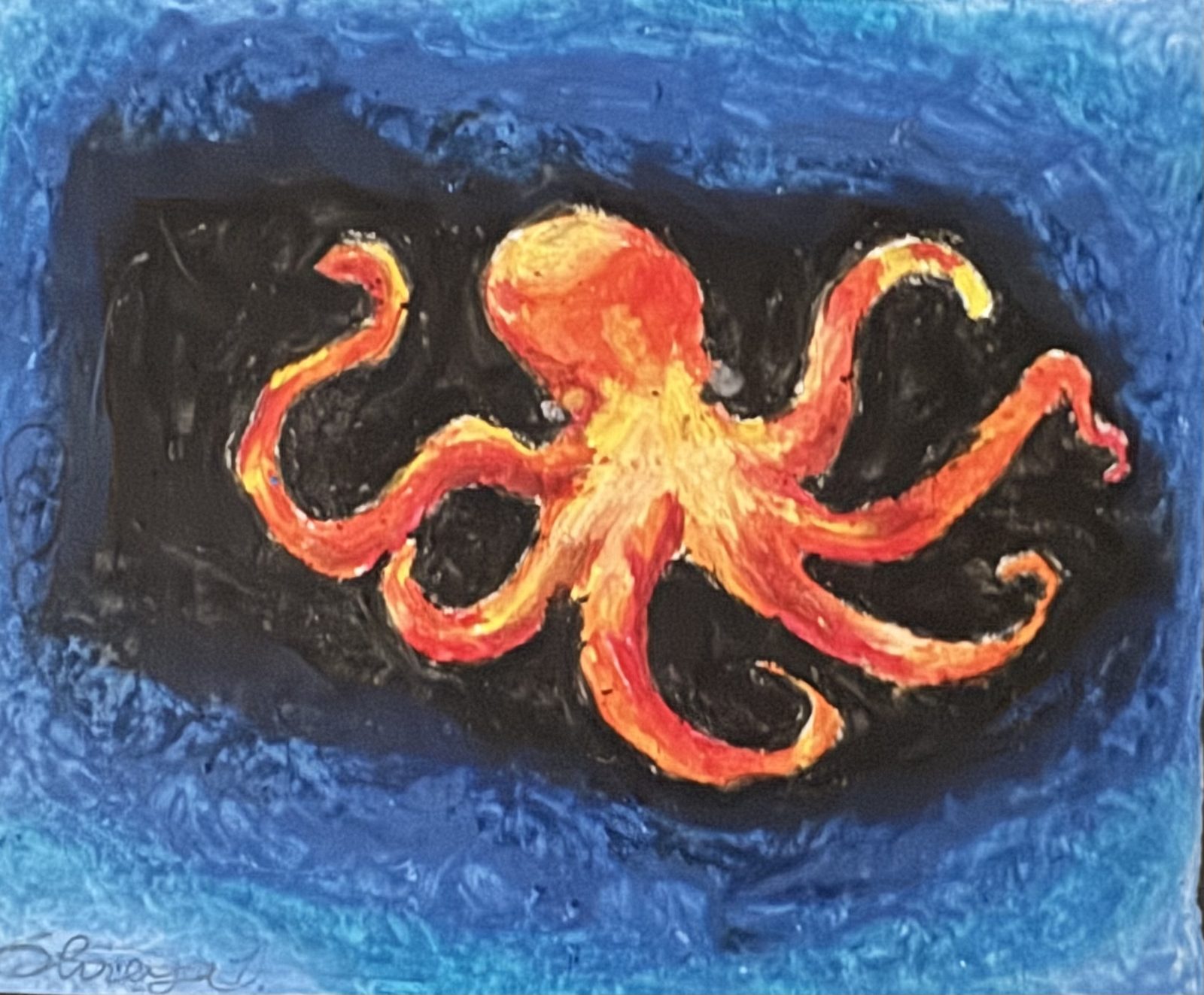 Painting of an orange octopus with curling tentacles against a black and deep blue background.