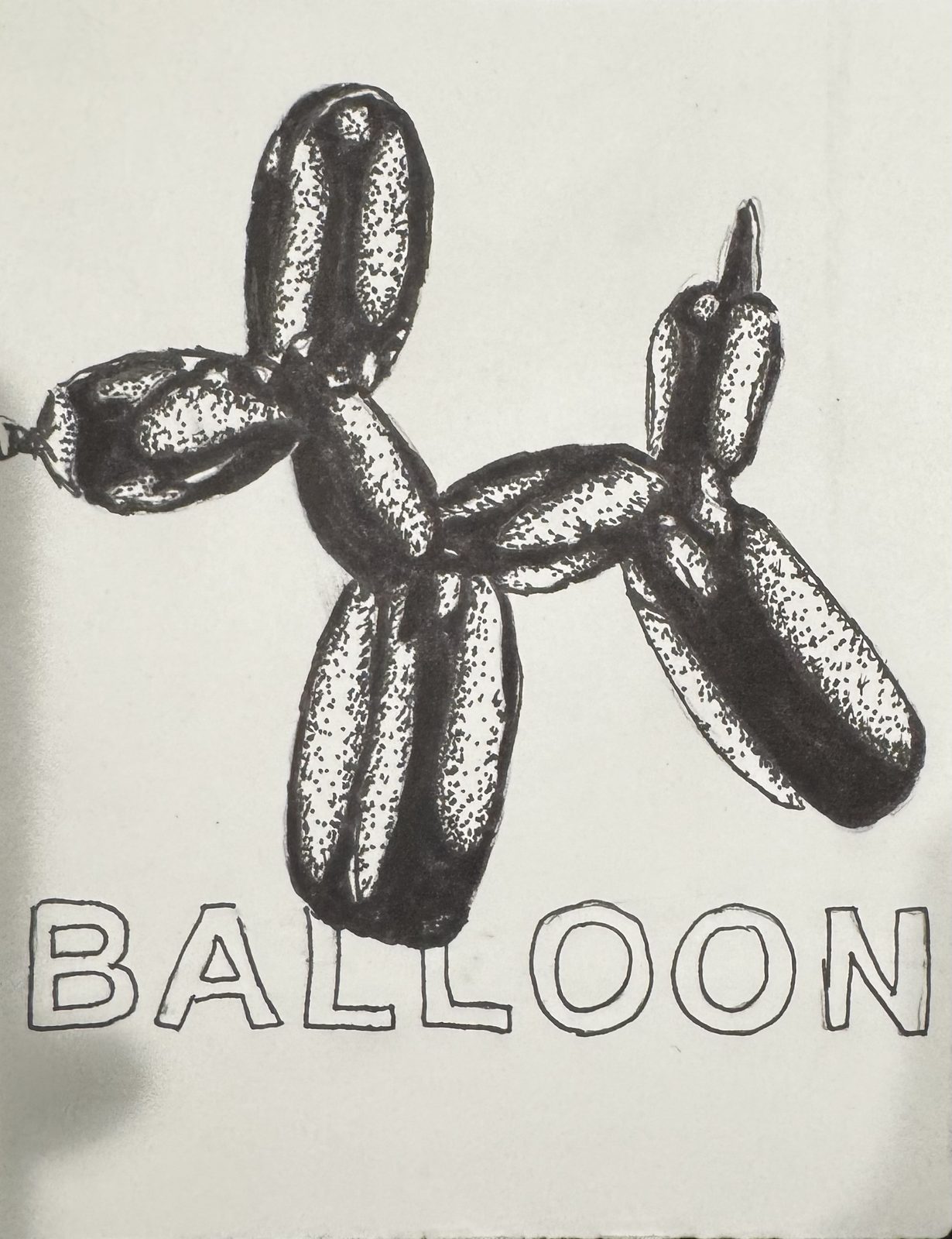 Ink drawing of a balloon dog, hand-lettered with the word BALLOON.