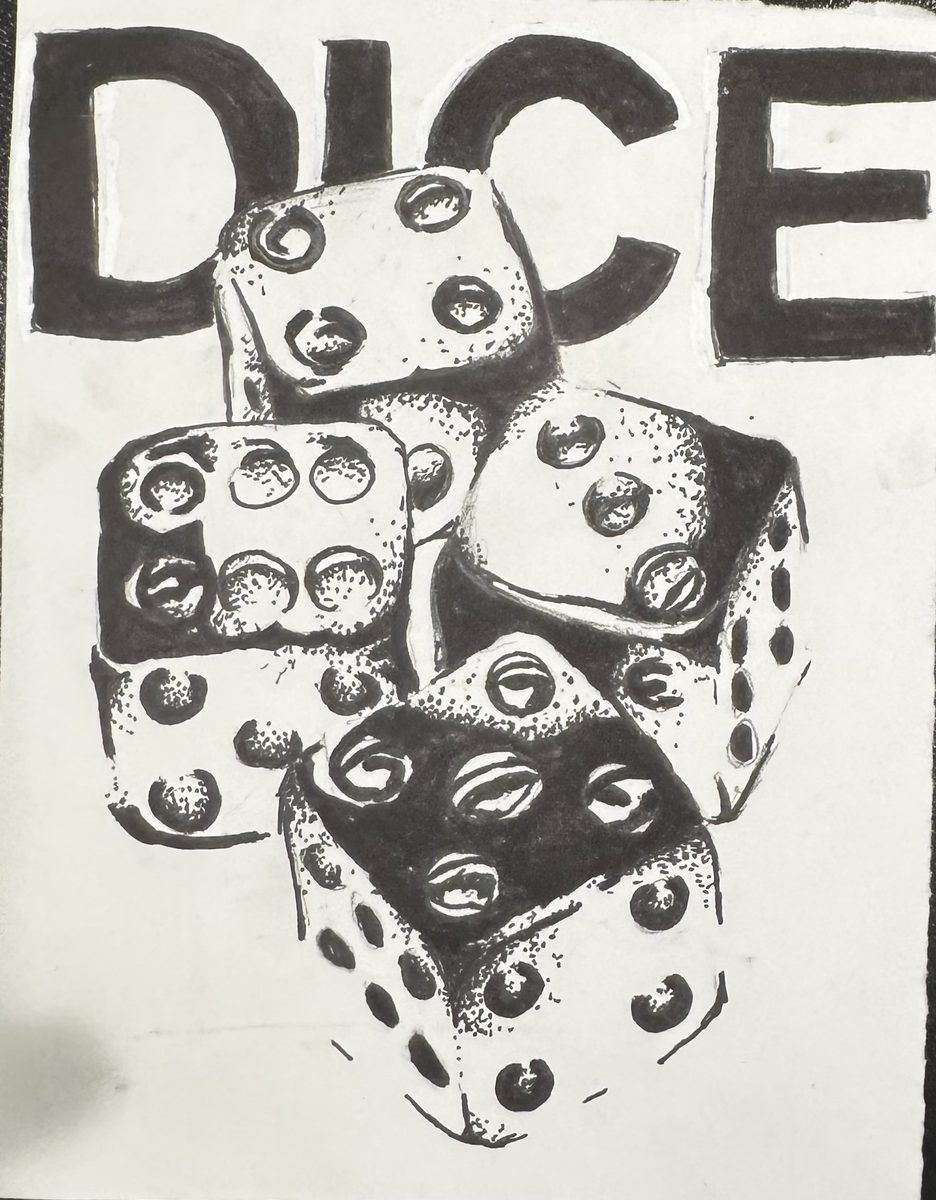 Ink drawing of a stack of dice, hand-lettered with the word DICE.